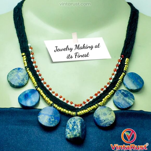 Tribal Choker Necklace With Dangling Lapis Lazuli Stones, Vintage Lapis Stone - Picture 6 of 10